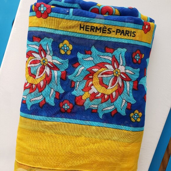 HERMES Shawl Scarf Pareo 100% Cotton Lightweight Blue Yellow Red Persian Motif - Picture 2 of 14